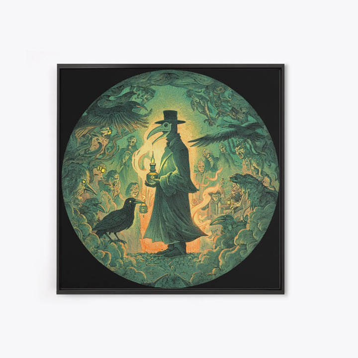 The Plague Doctor, Symbolist Etching Art, Square Wall Art, Dark Halloween Decor, Framed Canvas Print, Halloween Wall Art