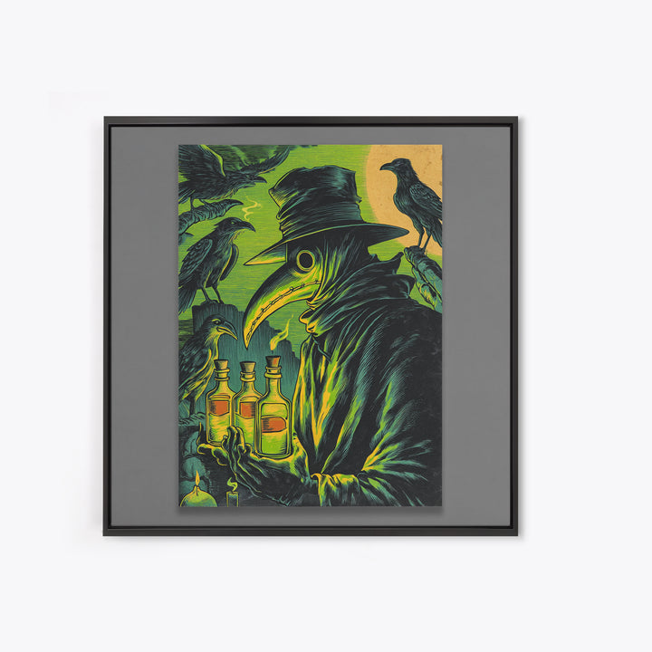 The Plague Doctor, Macabre Folk Print Art, Square Wall Art, Dark Halloween Decor, Framed Canvas Print, Halloween Wall Art