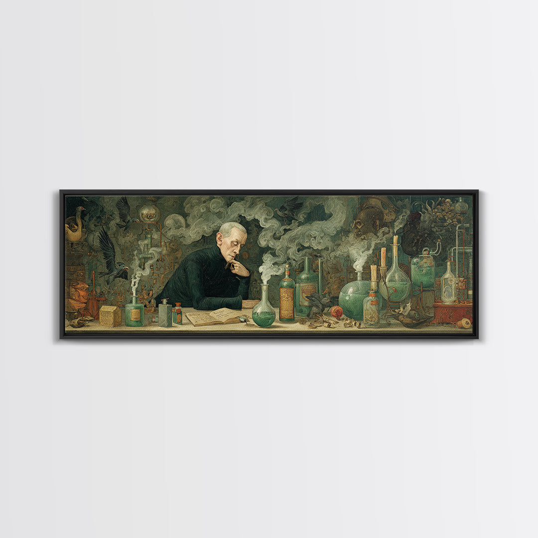 The Mad Alchemist, Medieval Grotesque Art, Extra Wide Wall Art, Dark Halloween Decor, Framed Canvas Print, Halloween Wall Art