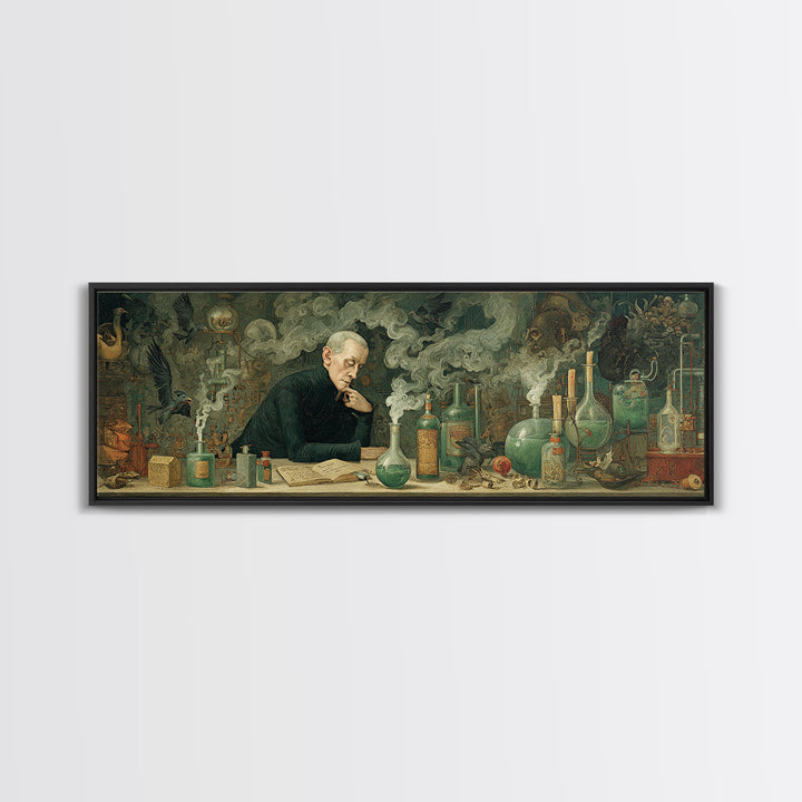 The Mad Alchemist, Medieval Grotesque Art, Extra Wide Wall Art, Dark Halloween Decor, Framed Canvas Print, Halloween Wall Art
