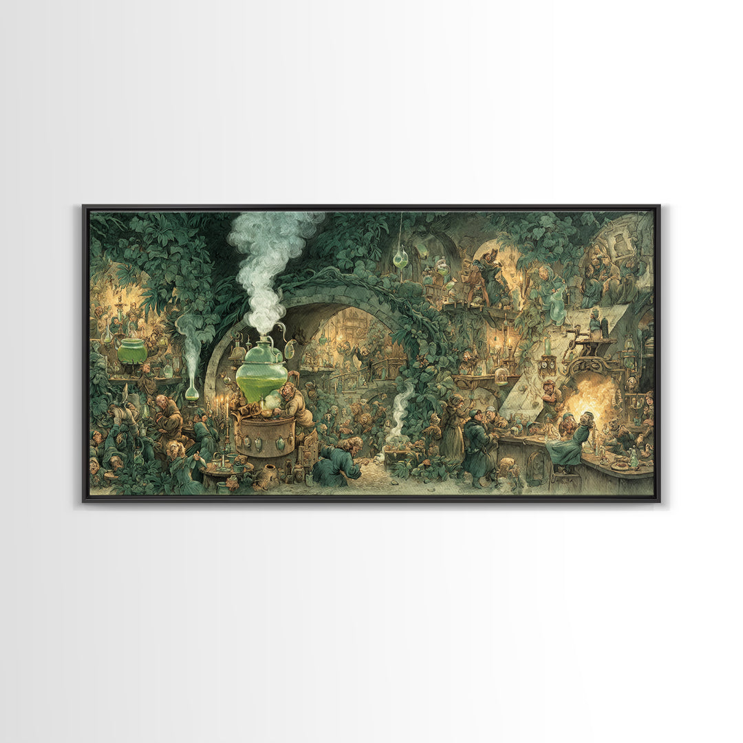 The Mad Alchemist, Northern Renaissance Horror, Wide Panoramic Art, Dark Halloween Decor, Framed Canvas Print, Halloween Wall Art