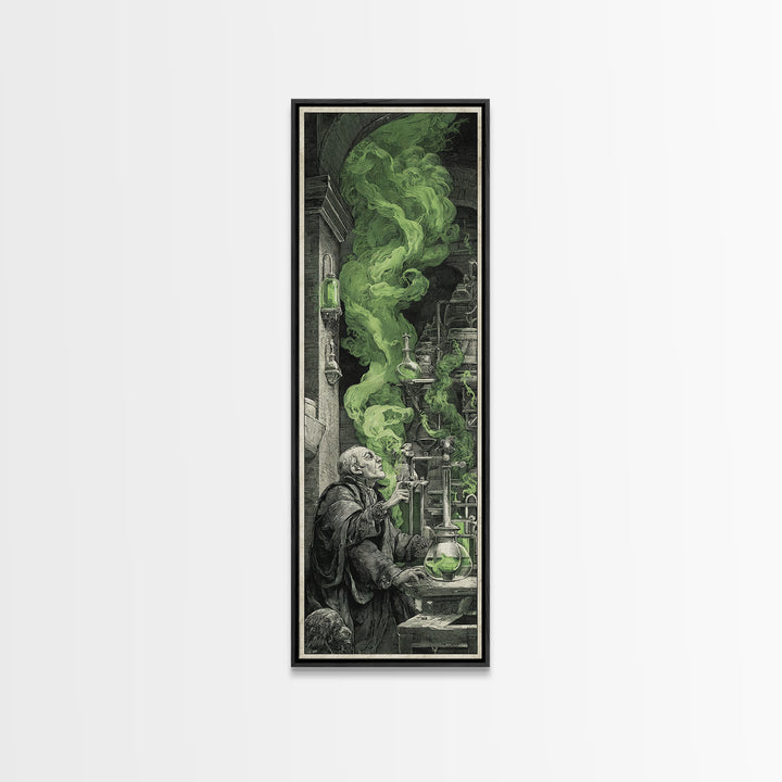 The Mad Alchemist, Architectural Etching Art, Tall Narrow Wall Art, Dark Halloween Decor, Framed Canvas Print