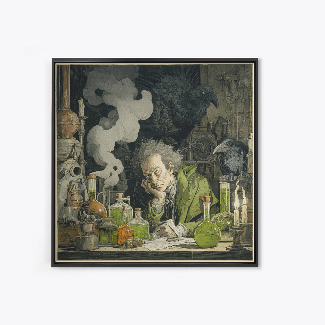 The Mad Alchemist, Symbolist Etching Art, Square Wall Art, Macabre Wall Art, Framed Canvas Print, Halloween Wall Art, Dark Fantasy Art
