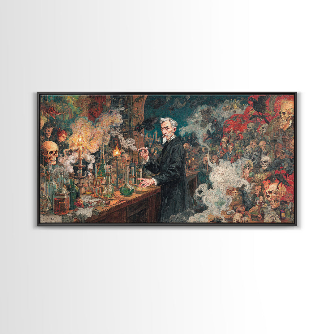 The Mad Alchemist, Grotesque Carnival Art, Wide Panoramic Art, Dark Fantasy Wall Art, Canvas Print, Halloween Wall Art, Halloween Decor