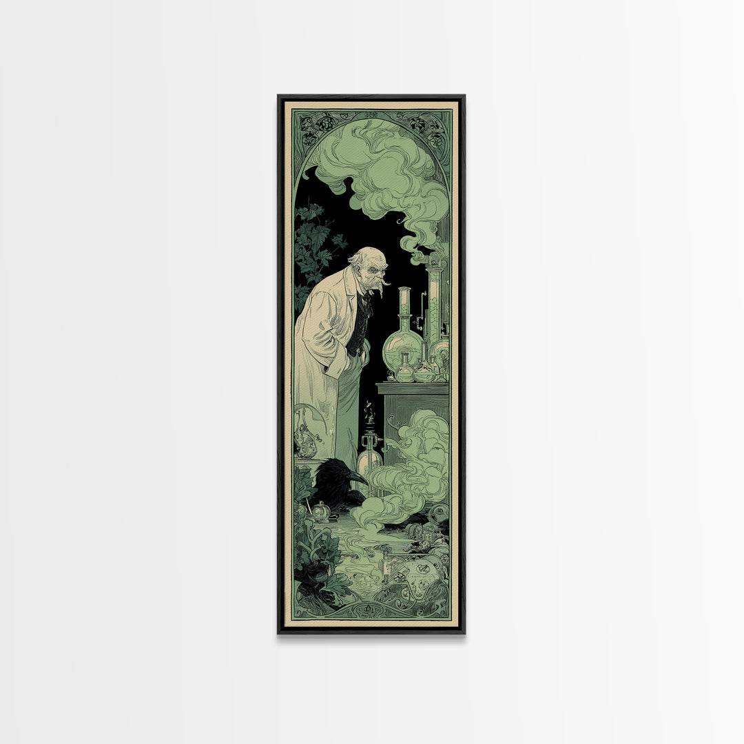 The Mad Alchemist, Decadent Line Art, Tall Narrow Wall Art, Gothic Horror Wall Art, Framed Canvas Print, Halloween Wall Art
