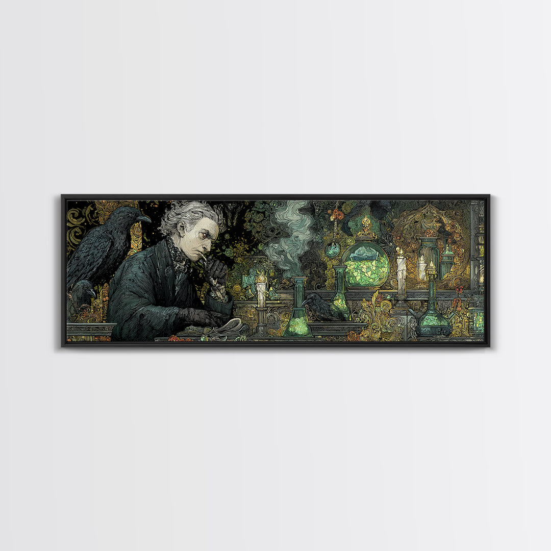 The Mad Alchemist, Stained Glass Gothic Art, Extra Wide Wall Art, Dark Halloween Decor, Canvas Print, Halloween Wall Art