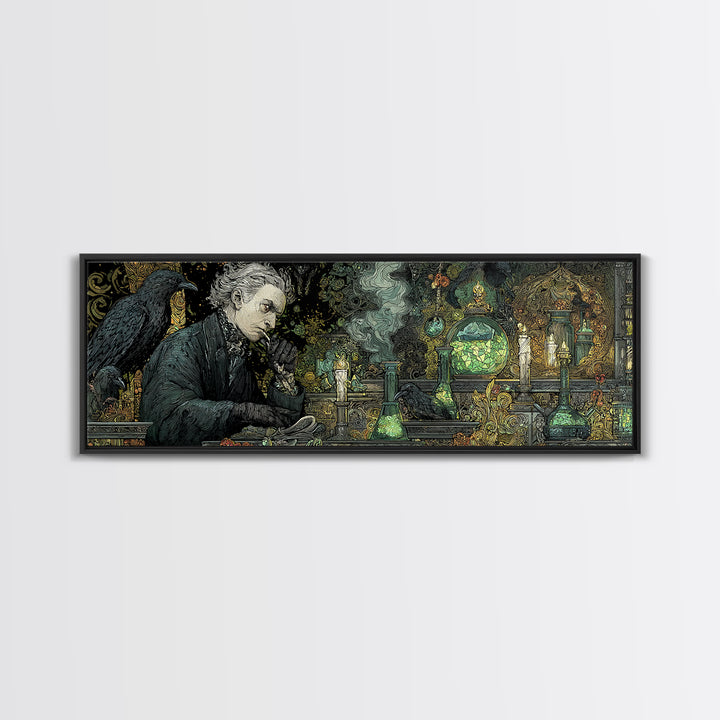 The Mad Alchemist, Stained Glass Gothic Art, Extra Wide Wall Art, Dark Halloween Decor, Canvas Print, Halloween Wall Art