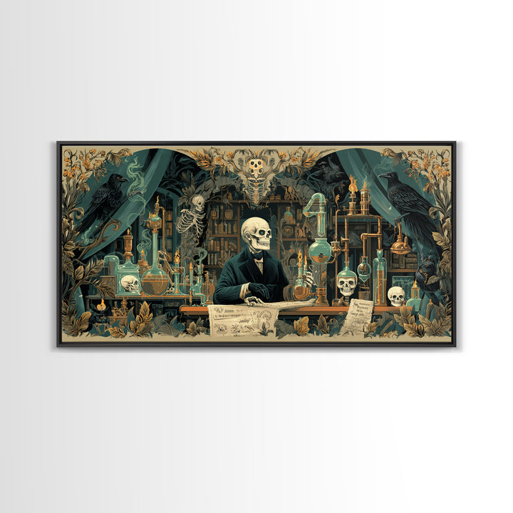 The Mad Alchemist, Macabre Folk Print Art, Wide Panoramic Art, Dark Halloween Decor, Framed Canvas Print, Halloween Wall Art