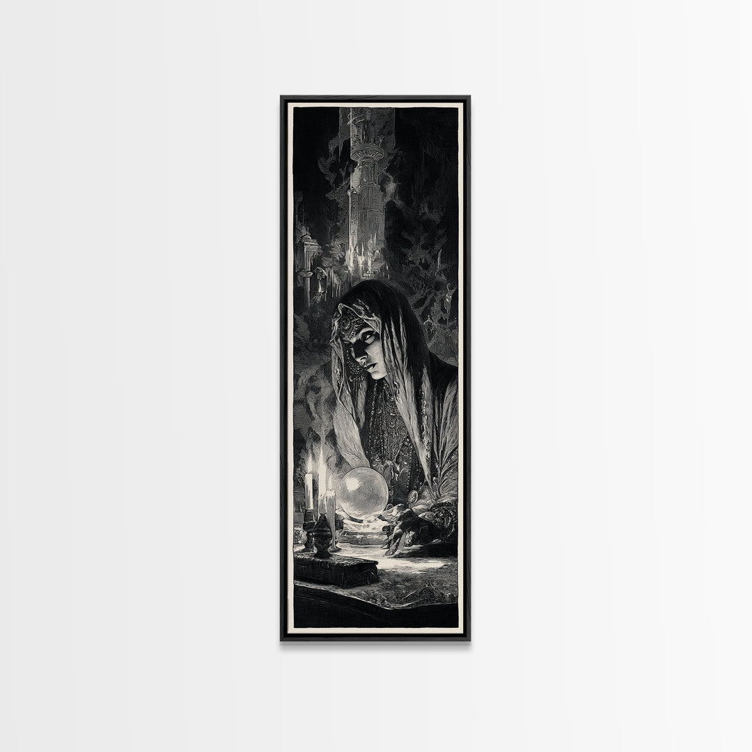 The Midnight Fortune Teller, Gothic Engraving Art, Tall Narrow Wall Art, Dark Halloween Decor, Framed Canvas Print, Halloween Wall Art
