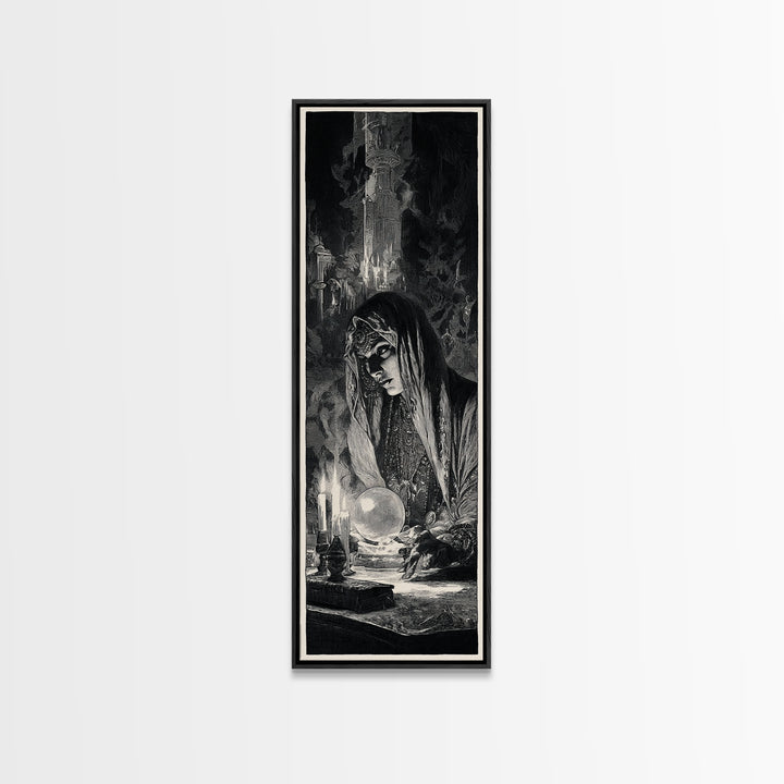 The Midnight Fortune Teller, Gothic Engraving Art, Tall Narrow Wall Art, Dark Halloween Decor, Framed Canvas Print, Halloween Wall Art