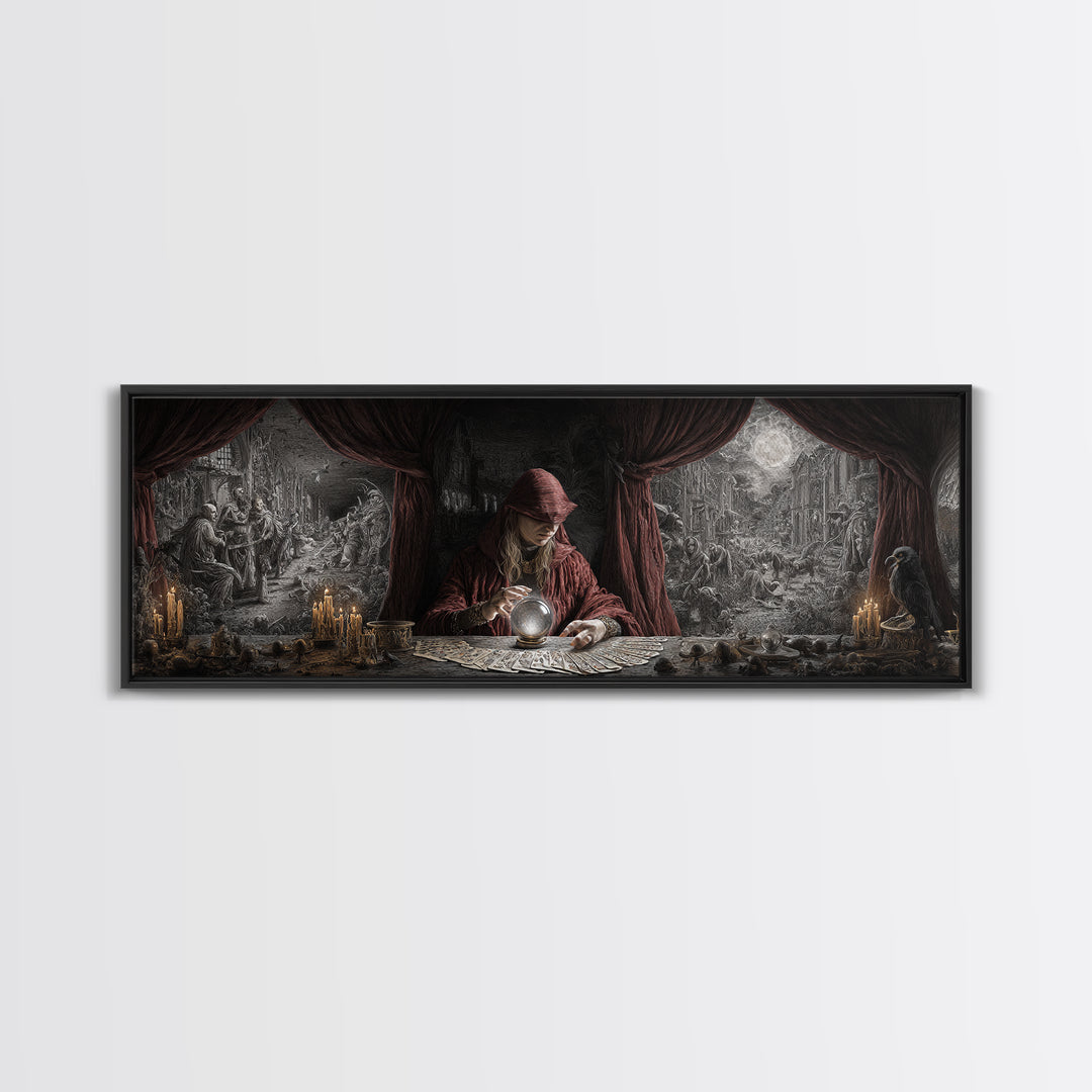The Midnight Fortune Teller, Medieval Grotesque Art, Extra Wide Wall Art, Dark Fantasy Wall Art, Framed Canvas Print, Halloween Decor