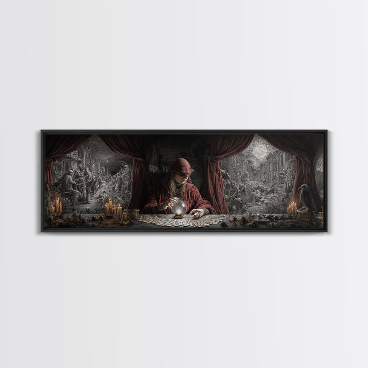 The Midnight Fortune Teller, Medieval Grotesque Art, Extra Wide Wall Art, Dark Fantasy Wall Art, Framed Canvas Print, Halloween Decor