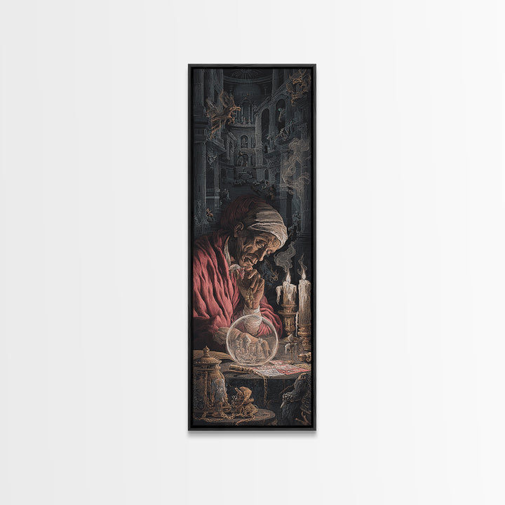 The Midnight Fortune Teller, Architectural Etching Art, Tall Narrow Wall Art, Dark Halloween Decor, Framed Canvas Print