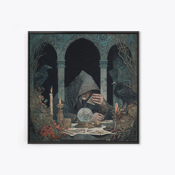 The Midnight Fortune Teller, Symbolist Etching Art, Square Wall Art, Dark Halloween Decor, Framed Canvas Print, Halloween Wall Art