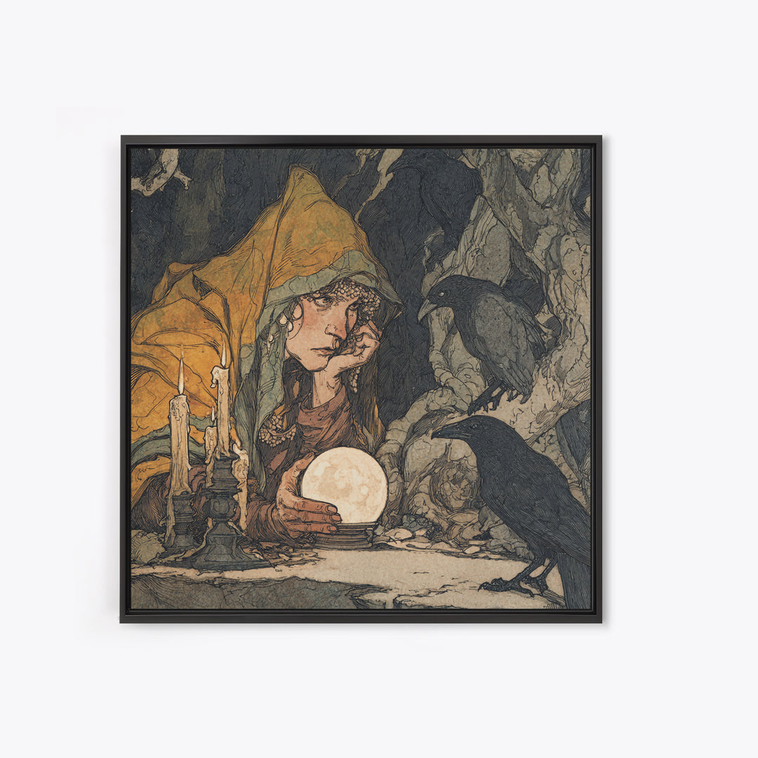 The Midnight Fortune Teller, Gothic Storybook Art, Square Wall Art, Dark Fantasy Wall Art, Framed Canvas Print, Halloween Wall Art