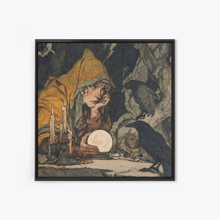 The Midnight Fortune Teller, Gothic Storybook Art, Square Wall Art, Dark Fantasy Wall Art, Framed Canvas Print, Halloween Wall Art