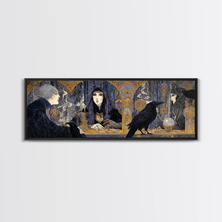 The Midnight Fortune Teller, Stained Glass Gothic Art, Extra Wide Wall Art, Dark Halloween Decor, Canvas Print, Halloween Wall Art