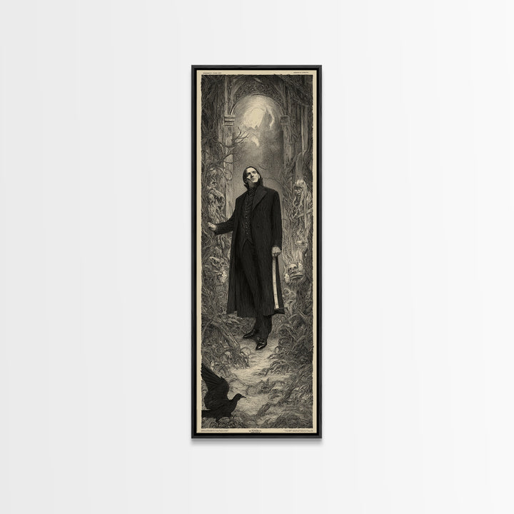 The Sinister Undertaker, Gothic Engraving Art, Tall Narrow Wall Art, Dark Fantasy Wall Art, Framed Canvas Print, Halloween Wall Art