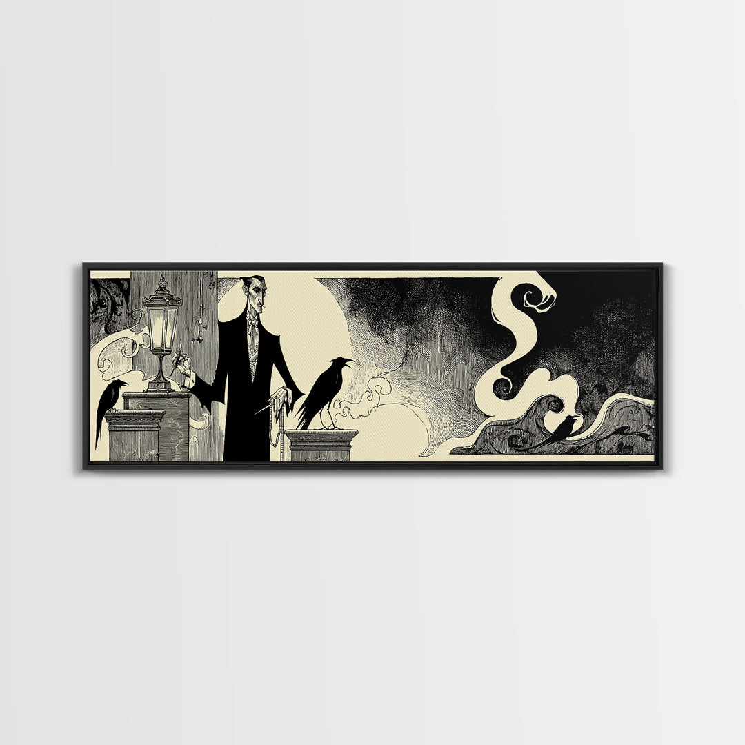 The Sinister Undertaker, Decadent Line Art, Extra Wide Wall Art, Dark Halloween Decor, Canvas Print, Halloween Wall Art