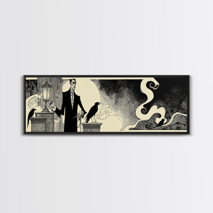 The Sinister Undertaker, Decadent Line Art, Extra Wide Wall Art, Dark Halloween Decor, Canvas Print, Halloween Wall Art