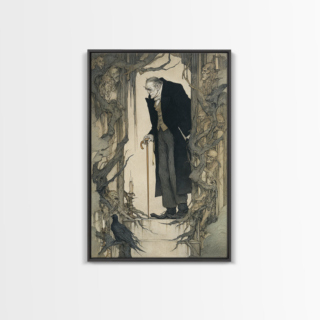 The Sinister Undertaker, Gothic Storybook Art, Vertical Wall Art, Gothic Horror Wall Art, Framed Canvas Print, Halloween Wall Art