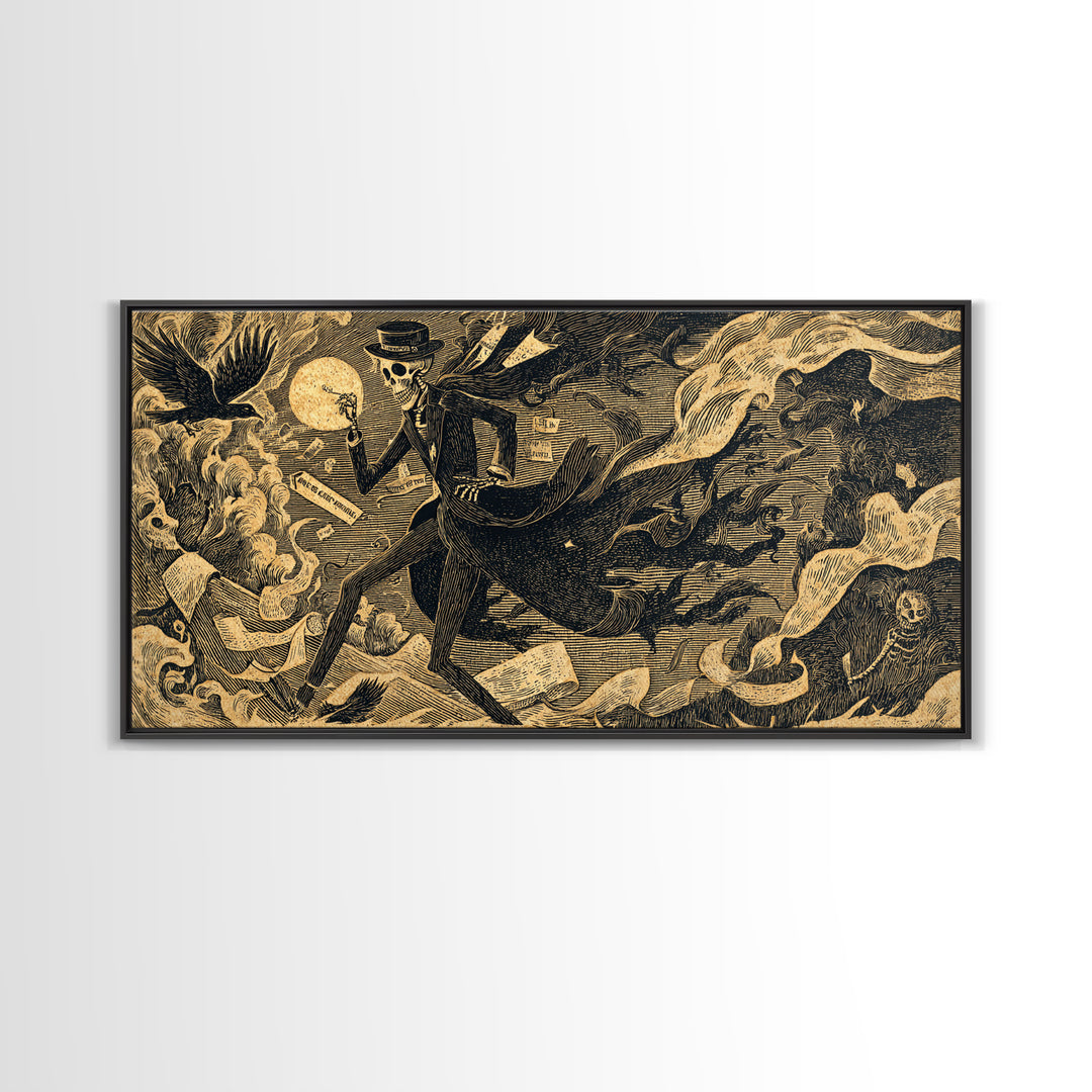 The Sinister Undertaker, Macabre Folk Print Art, Wide Panoramic Art, Dark Fantasy Wall Art, Canvas Print, Halloween Wall Art