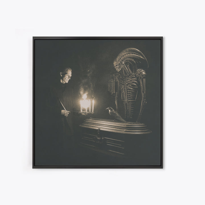 The Sinister Undertaker, Biomechanical Horror Art, Square Wall Art, Dark Fantasy Wall Art, Framed Canvas Print, Halloween Wall Art