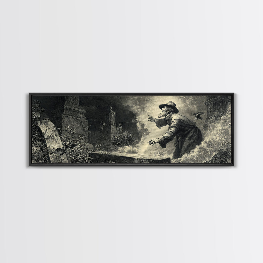 The Lantern Gravedigger, Gothic Engraving Art, Extra Wide Wall Art, Dark Fantasy Wall Art, Canvas Print, Halloween Wall Art