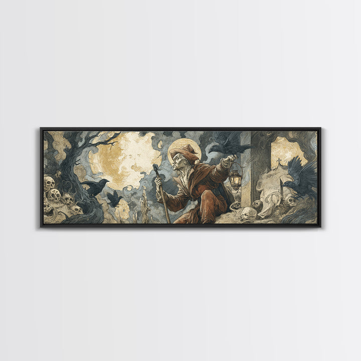 The Lantern Gravedigger, Dark Renaissance Art, Extra Wide Wall Art, Macabre Wall Art, Framed Canvas Print, Halloween Wall Art
