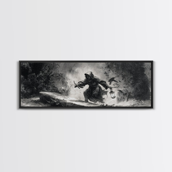 The Lantern Gravedigger, Dark Romantic Horror Art, Extra Wide Wall Art, Dark Fantasy Wall Art, Framed Canvas Print, Halloween Wall Art