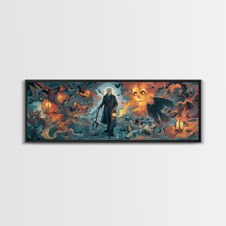 The Lantern Gravedigger, Visionary Gothic Art, Extra Wide Wall Art, Gothic Horror Wall Art, Framed Canvas Print, Halloween Wall Art