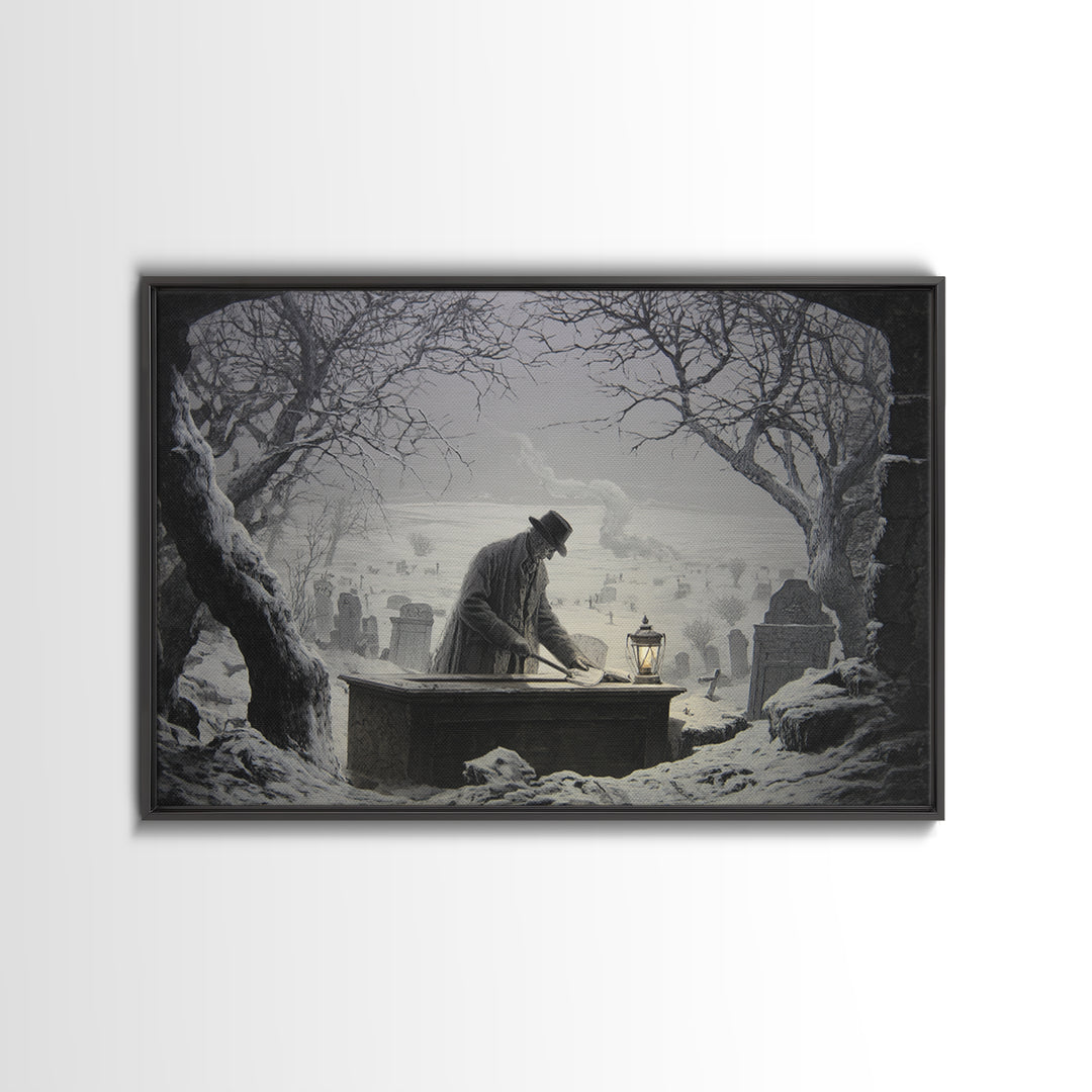 The Lantern Gravedigger, Romantic Gothic Landscape, Landscape Wall Art, Macabre Wall Art, Canvas Print, Halloween Wall Art