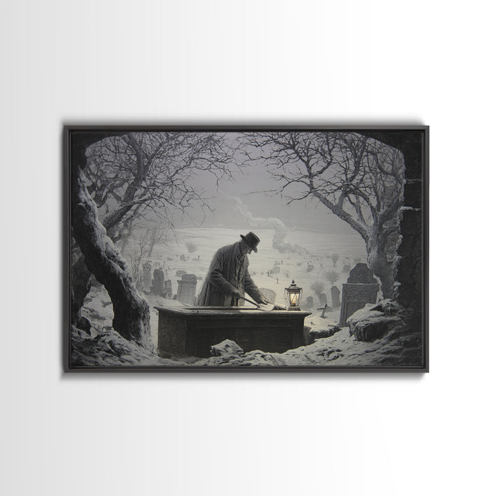 The Lantern Gravedigger, Romantic Gothic Landscape, Landscape Wall Art, Macabre Wall Art, Canvas Print, Halloween Wall Art