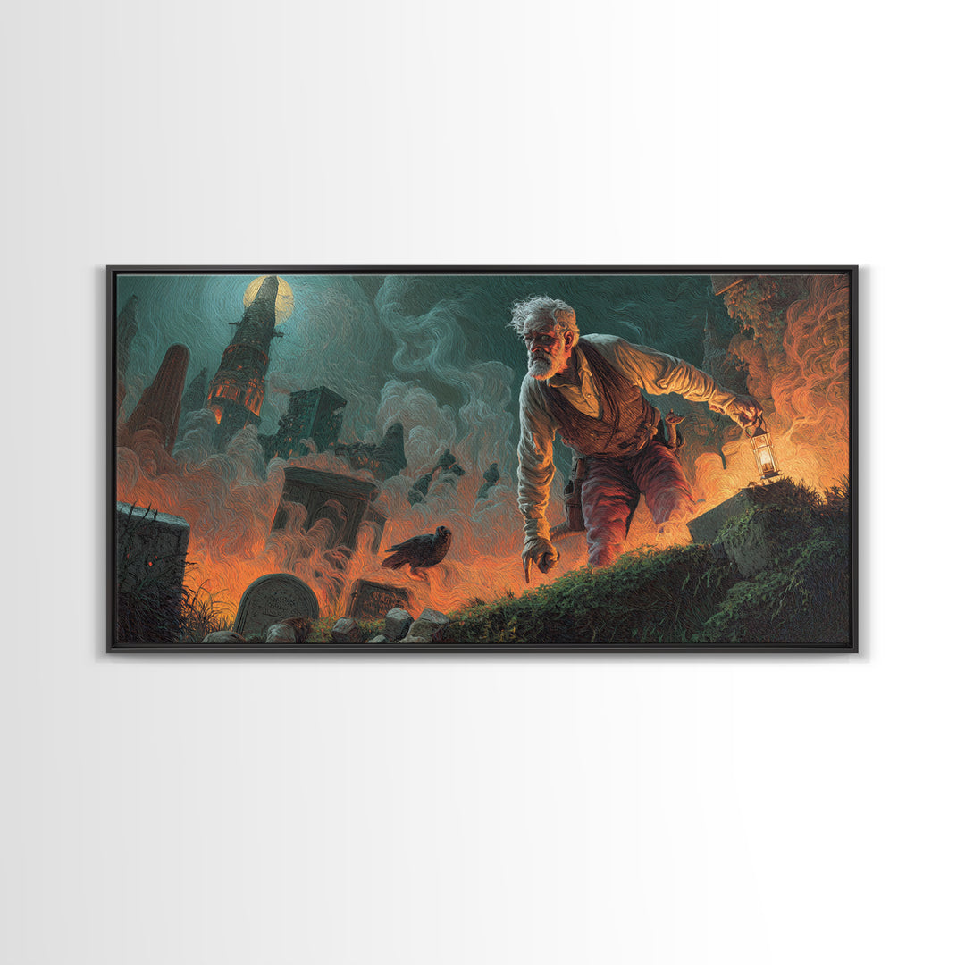 The Lantern Gravedigger, Apocalyptic Romantic Art, Wide Panoramic Art, Gothic Horror Wall Art, Canvas Print, Halloween Wall Art