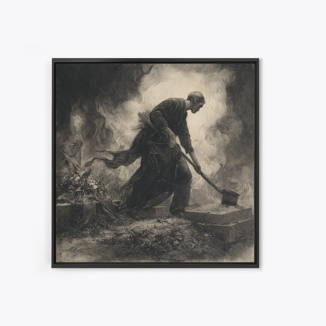 The Lantern Gravedigger, Symbolist Dream Art, Square Wall Art, Macabre Wall Art, Canvas Print, Halloween Wall Art, Seasonal Home Decor