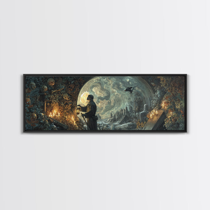 The Lantern Gravedigger, Ornate Symbolist Art, Extra Wide Wall Art, Gothic Horror Wall Art, Framed Canvas Print, Halloween Wall Art