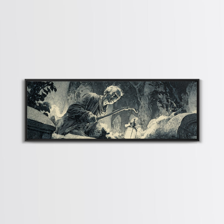 The Lantern Gravedigger, Decadent Gothic Art, Extra Wide Wall Art, Dark Halloween Decor, Framed Canvas Print, Halloween Wall Art