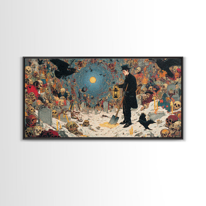 The Lantern Gravedigger, Grotesque Carnival Art, Wide Panoramic Art, Dark Fantasy Wall Art, Canvas Print, Halloween Wall Art