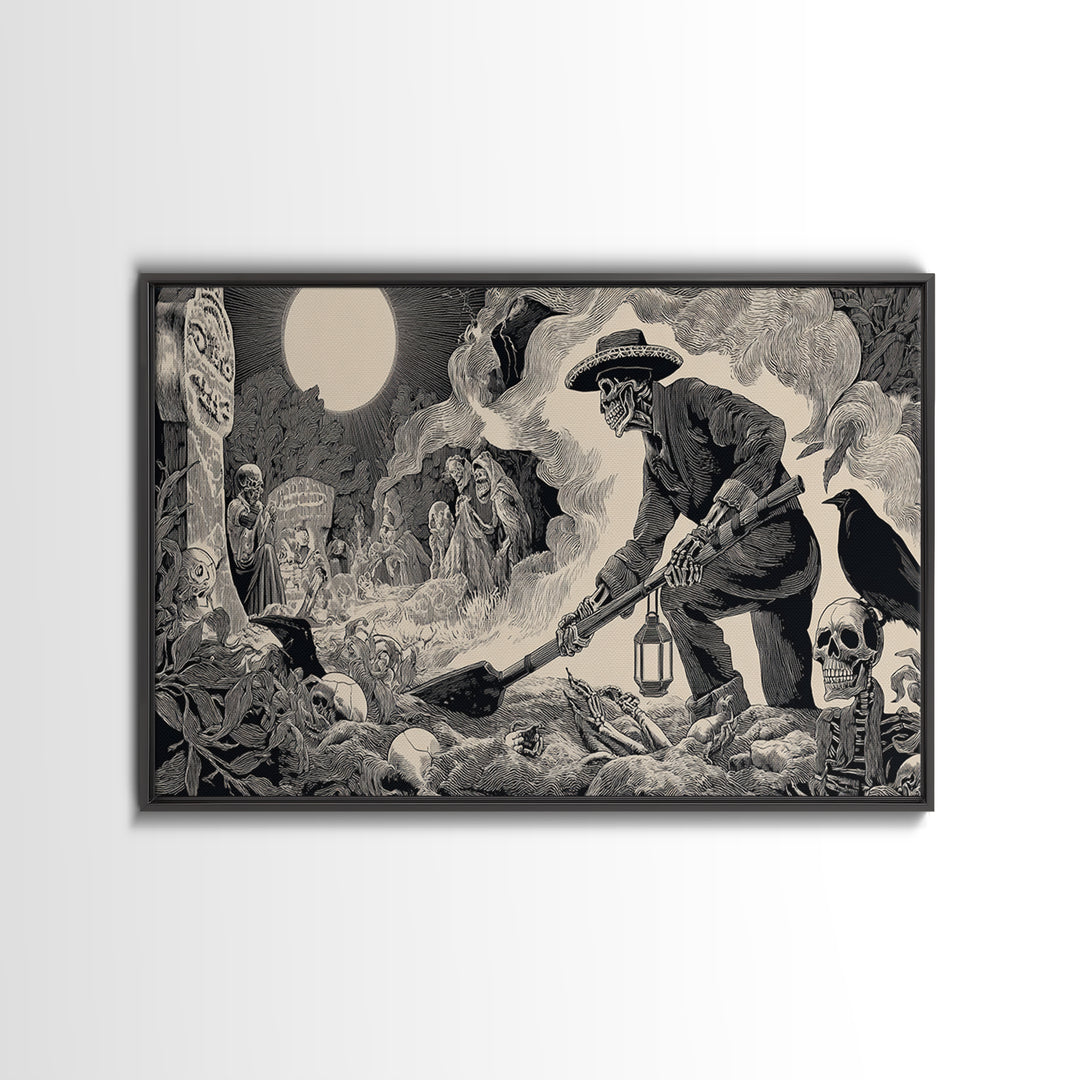 The Lantern Gravedigger, Macabre Folk Print Art, Wide Panoramic Art, Macabre Wall Art, Canvas Print, Halloween Wall Art