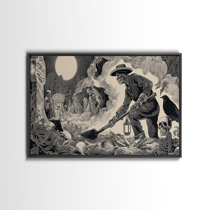The Lantern Gravedigger, Macabre Folk Print Art, Wide Panoramic Art, Macabre Wall Art, Canvas Print, Halloween Wall Art