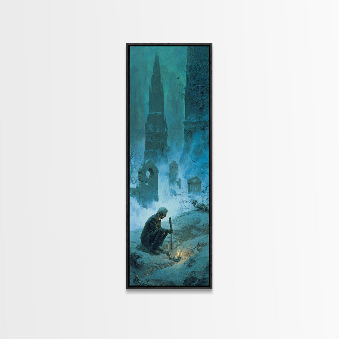The Lantern Gravedigger, Surreal Apocalyptic Art, Tall Narrow Wall Art, Dark Halloween Decor, Framed Canvas Print, Dark Fantasy Art
