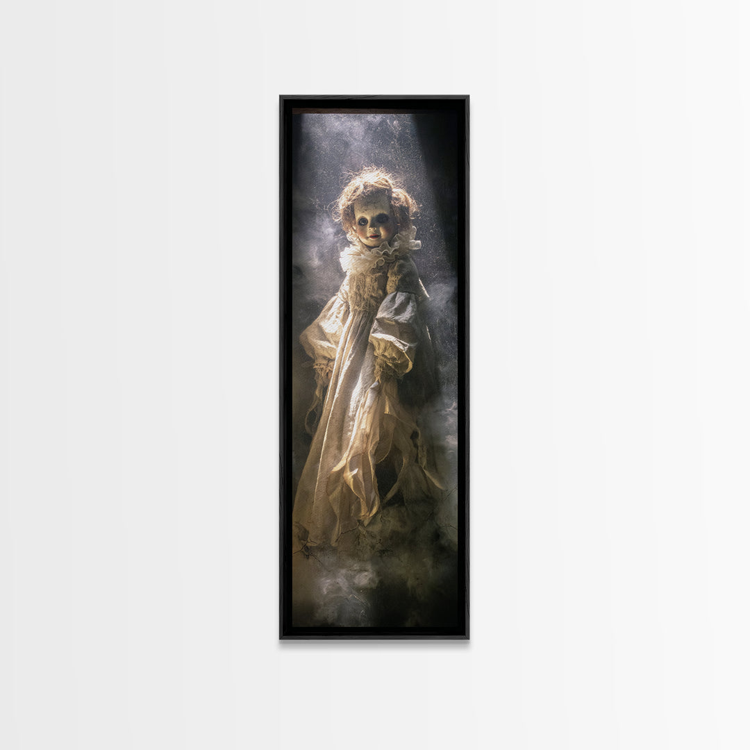 The Haunted Porcelain Doll, Gothic Engraving Art, Tall Narrow Wall Art, Dark Halloween Decor, Framed Canvas Print, Halloween Wall Art