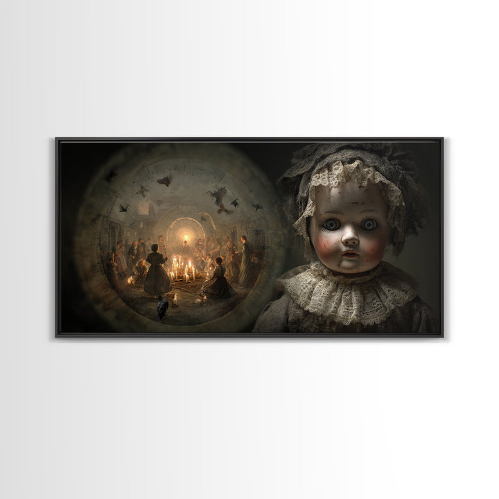The Haunted Porcelain Doll, Northern Renaissance Horror, Wide Panoramic Art, Dark Halloween Decor, Framed Canvas Print