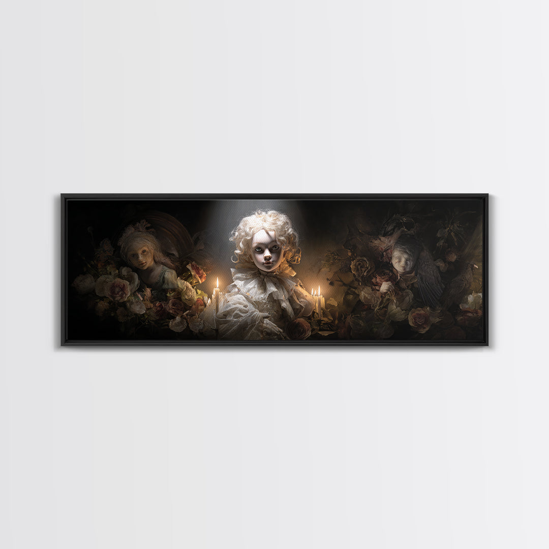 The Haunted Porcelain Doll, Gothic Nightmare Art, Extra Wide Wall Art, Dark Halloween Decor, Framed Canvas Print, Halloween Wall Art