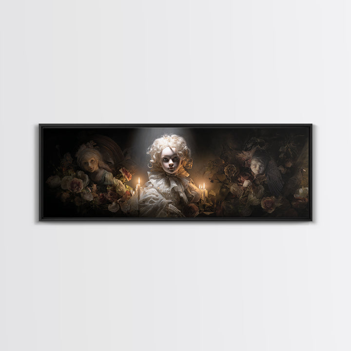 The Haunted Porcelain Doll, Gothic Nightmare Art, Extra Wide Wall Art, Dark Halloween Decor, Framed Canvas Print, Halloween Wall Art