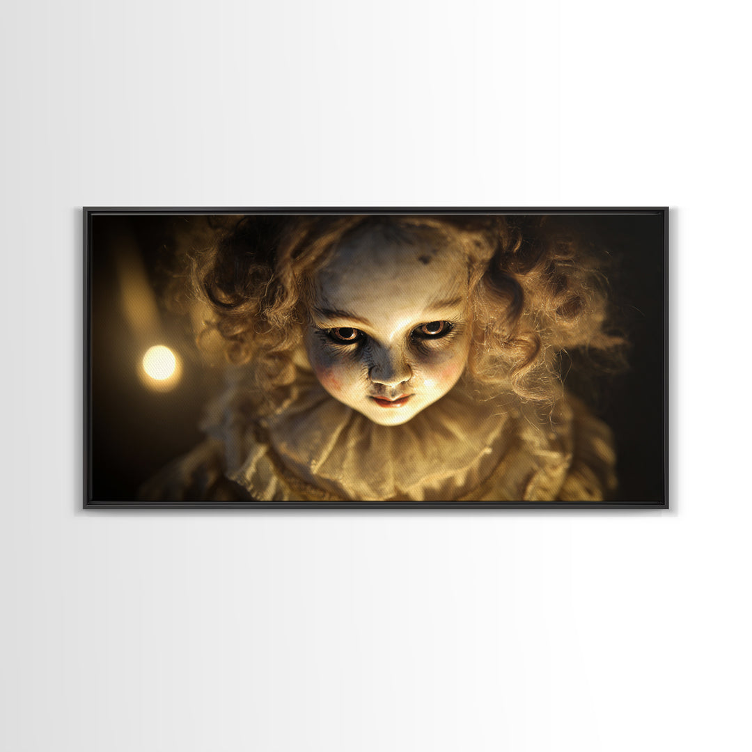 The Haunted Porcelain Doll, Visionary Gothic Art, Wide Panoramic Art, Dark Halloween Decor, Canvas Print, Halloween Wall Art