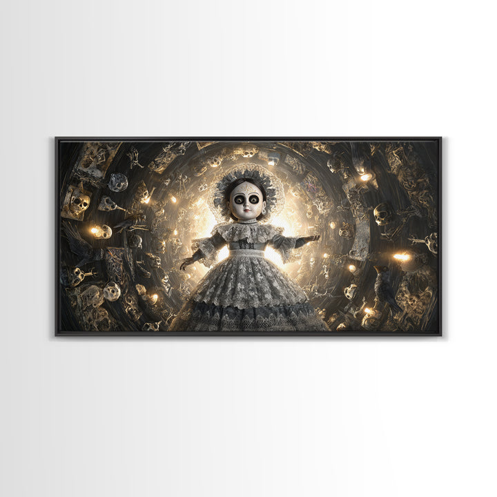 The Haunted Porcelain Doll, Macabre Folk Print Art, Wide Panoramic Art, Gothic Horror Wall Art, Framed Canvas Print