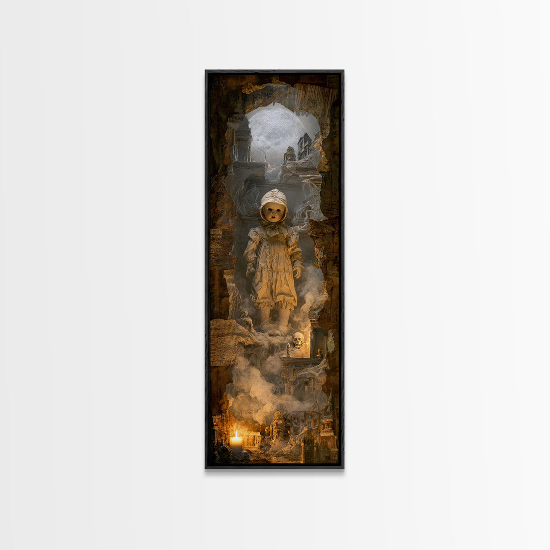 The Haunted Porcelain Doll, Surreal Apocalyptic Art, Tall Narrow Wall Art, Dark Halloween Decor, Canvas Print, Halloween Wall Art