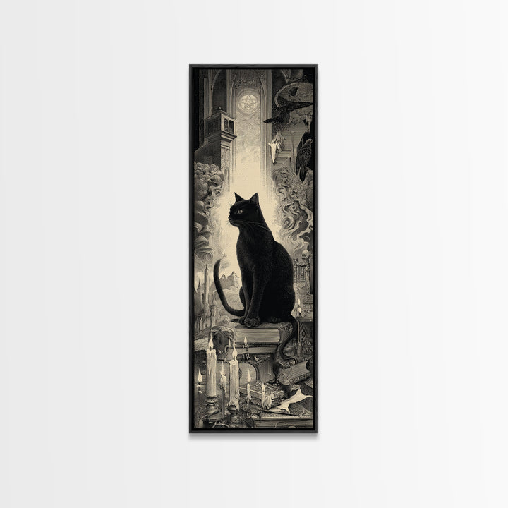 The Black Cat Familiar, Gothic Engraving Art, Tall Narrow Wall Art, Macabre Wall Art, Framed Canvas Print, Halloween Wall Art