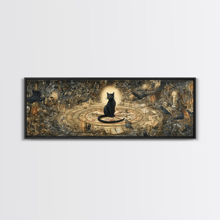 The Black Cat Familiar, Medieval Grotesque Art, Extra Wide Wall Art, Dark Halloween Decor, Canvas Print, Halloween Wall Art